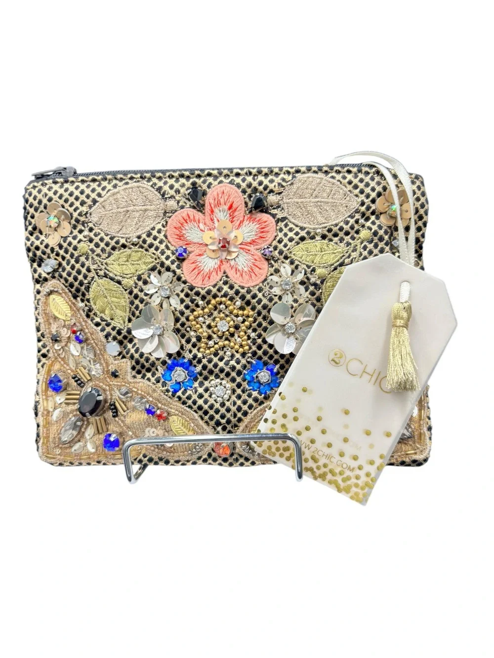2 Chic NWT Embellished Floral Beaded Sequin Clutch Pouch Black Gold